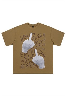 Rebel t-shirt middle finger top grunge punk tee in brown 
