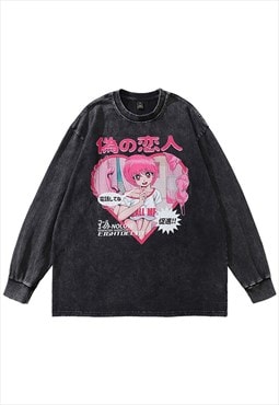 Anime girl t-shirt long tee Korean cartoon top in acid grey