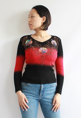 BLACK RED DIP DYED OMBRE KNIT TOP