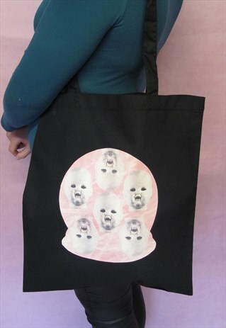 CREEPY DOLL HEAD BLACK TOTE BAG