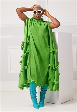 SAYSTON Green Maxi Loose Ruffle Neck Plisse Dress Short 