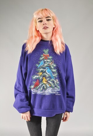 VINTAGE PURPLE CHRISTMAS BIRDS SWEATER