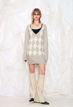 Vintage Y2K Long Sweater Dress in Preppy Grey Argyle