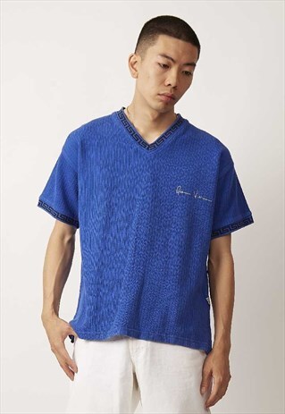 RARE VINTAGE 90'S BLUE V-NECK VERSACE RIBBED LOGO T-SHIRT