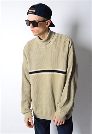 VINTAGE 90S BEIGE KNIT DROP SHOULDER TURTLE NECK JUMPER