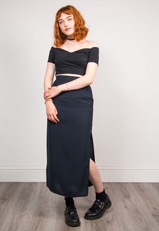 90'S VINTAGE DARK BLUE GRUNGE MIDI SLIT PENCIL SKIRT