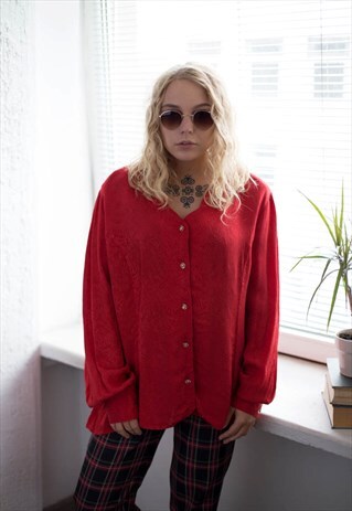 VINTAGE 80'S RED TEXTURED LONG SLEEVED BLOUSE