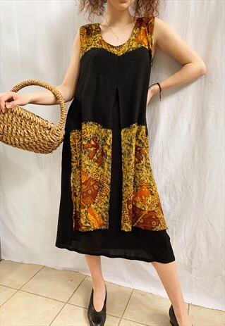 VINTAGE 90S BOHEME SWING BOHO FLORAL MIDI FESTIVAL DRESS