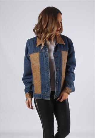 VINTAGE DENIM JACKET OVERSIZED FITTED LEATHER UK 14 (GO1Z)