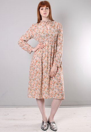 VINTAGE 60S FLORAL PATTERNED BOHO TIE NECK DRESS