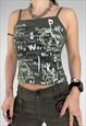 VINTAGE 90S VEST TOP KHAKI GRUNGE PUNK GOTH GRAPHIC SLOGAN