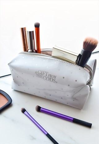 SQUARE WHITE MAKE UP COSMETIC BAG WITH SILVER PRINT DOTS