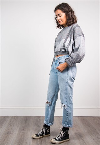 90'S VINTAGE GREY FLECKED CROPPED KNIT JUMPER