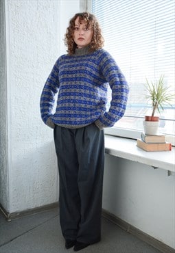 Vintage Grey/Blue Hand Knitted Wool Pullover Jumper