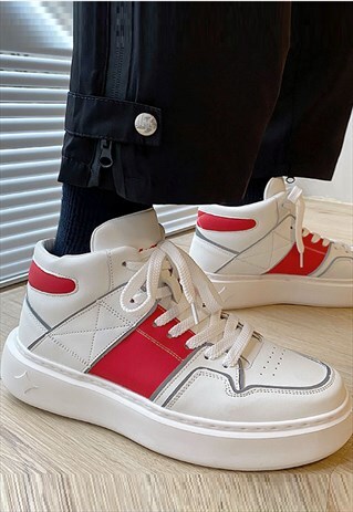 CHUNKY SOLE SNEAKERS HIGH PLATFORM SKATER SHOES WHITE RED