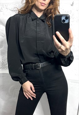 Vintage 80s Black Victorian Blouse - L - XL