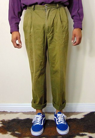 90S CLASSIC MINIMALIST HIGH WAIST FADED GREEN PLEATED CHINOS