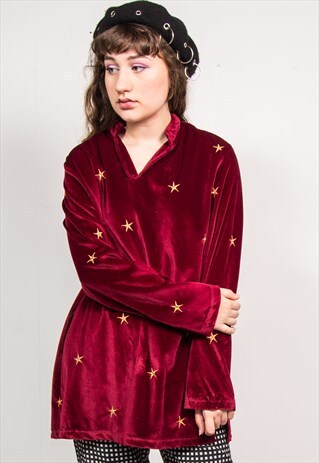 VINTAGE 90'S MAROON STAR EMBROIDERED VELVET TOP