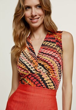 Print Red V Neck Jersey Top