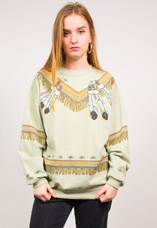 VINTAGE 90'S GREEN NATIVE AMERICAN GLITTER PRINT SWEATSHIRT