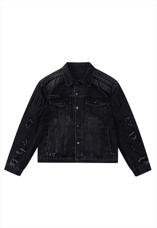 PATCHWORK DENIM JACKET 3D PUFF JEAN COLLEGE BOMBER IN BLACK