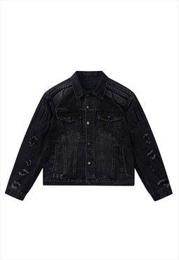 Patchwork denim jacket 3d puff jean college bomber in black