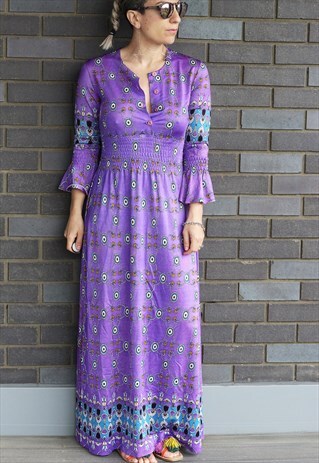 VINTAGE 1970S PURPLE RUFFLE SLEEVE MAXIDRESS