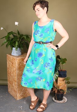 Vintage Summer Midi Dress Turquoise and Blue Floral Pattern