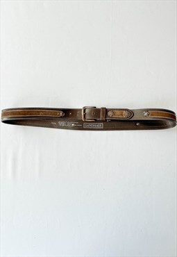 Vintage 70s Bawarian Brown Leather Belt with Metallic Flower