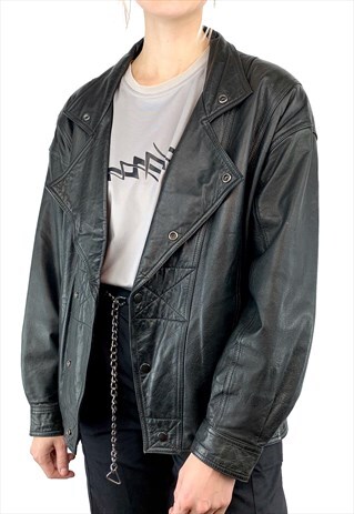 VINTAGE UNISEX BLACK BIKER GRUNGE LEATHER BOMBER JACKET COAT