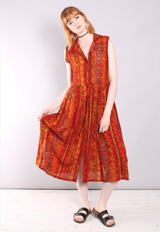 VINTAGE 80S ABSTRACT PATTERNED BUTTON MIDI SLIT DRESS