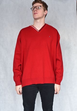VINTAGE TOMMY HILFIGER V NECK CABLE KNIT JUMPER SIZE XL
