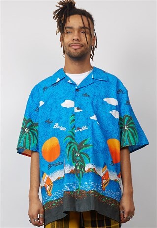 VINTAGE 90'S BLUE BARBADOS HAWAIIAN PRINT SHIRT
