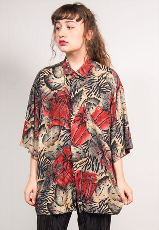 VINTAGE 90'S RED PALM PRINT OVERSIZED SHORT SLEEVE SHIRT