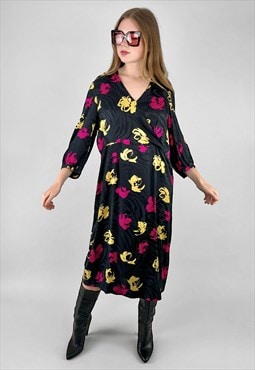 Vintage 50's Black Pink Yellow Floral Midi Dress