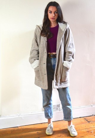 00S VINTAGE BEIGE SHERPA LINED FLEECE HOODED JACKET