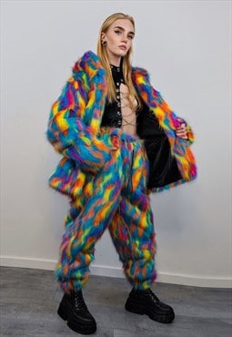 Disco faux fur joggers 70s rave pants psychedelic trousers