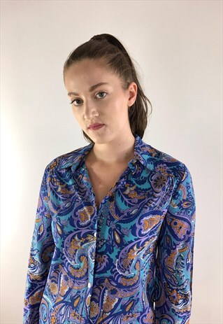WOMENS VINTAGE 70S BLOUSE FLORAL PAISLEY POINTY COLLAR SHIRT