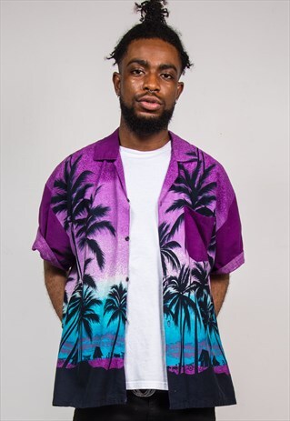 VINTAGE 90'S PURPLE HAWAIIAN SUNSET SHORT SLEEVE SHIRT
