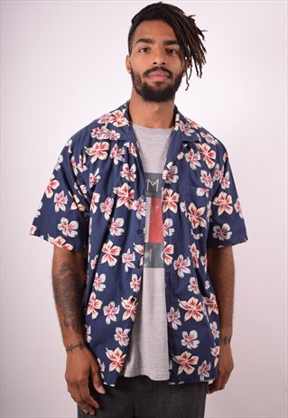 MENS VINTAGE SHIRT LARGE NAVY BLUE FLORAL 90S