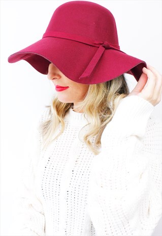 BURGUNDY BOHO PEASANT FLOPPY BOW WIDE RIM FEDORA BOWLER HAT
