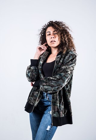 VINTAGE 1980S FESTIVAL GREEN PATTERNED BOMBER JACKET