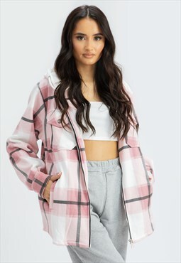Dusty pink check shacket with hood 
