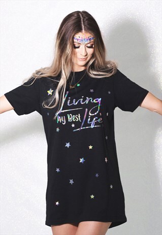 LIVING MY BEST LIFE HOLO FESTIVAL TSHIRT DRESS