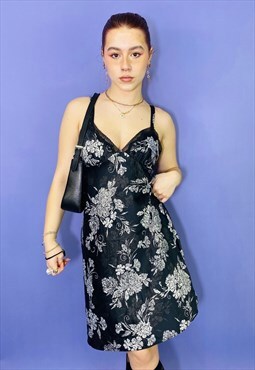 Vintage 90s Black Satin Floral Slip Dress