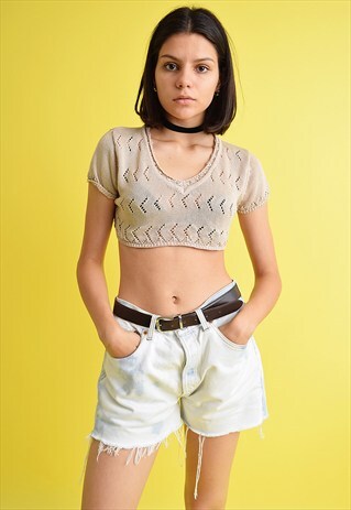 90'S RETRO CROCHET KNITTED BEIGE CROP TOP