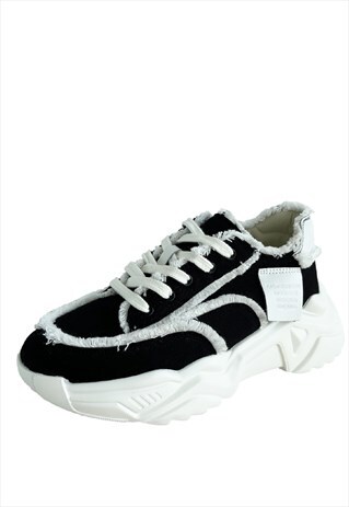 DISTRESS TRAINERS RAW FINISH DENIM SNEAKERS IN WHITE BLACK