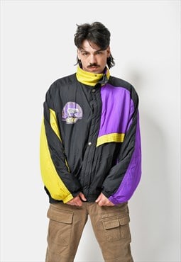 90s vintage ski jacket black yellow purple multi retro coat