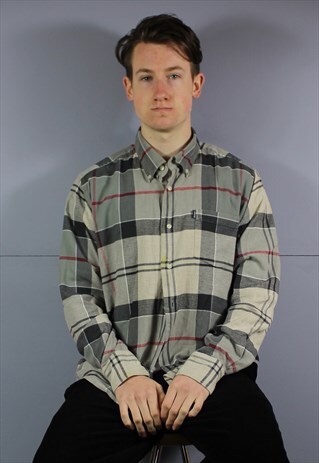 VINTAGE BARBOUR BUTTON UP SHIRT IN GREY WITH TAB LOGO. PLAID