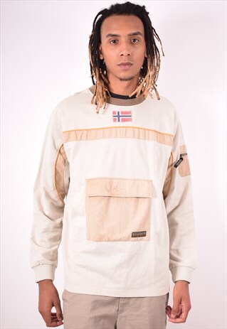 NAPAPIJRI MENS VINTAGE TOP LONG SLEEVE LARGE BEIGE 90S